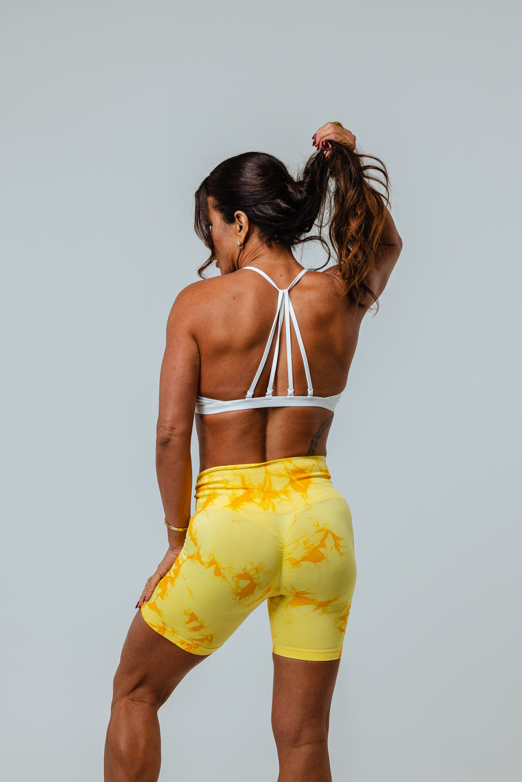 Women’s Yellow Tie-Dye Gym Shorts & White Strappy Sports Bra Set
