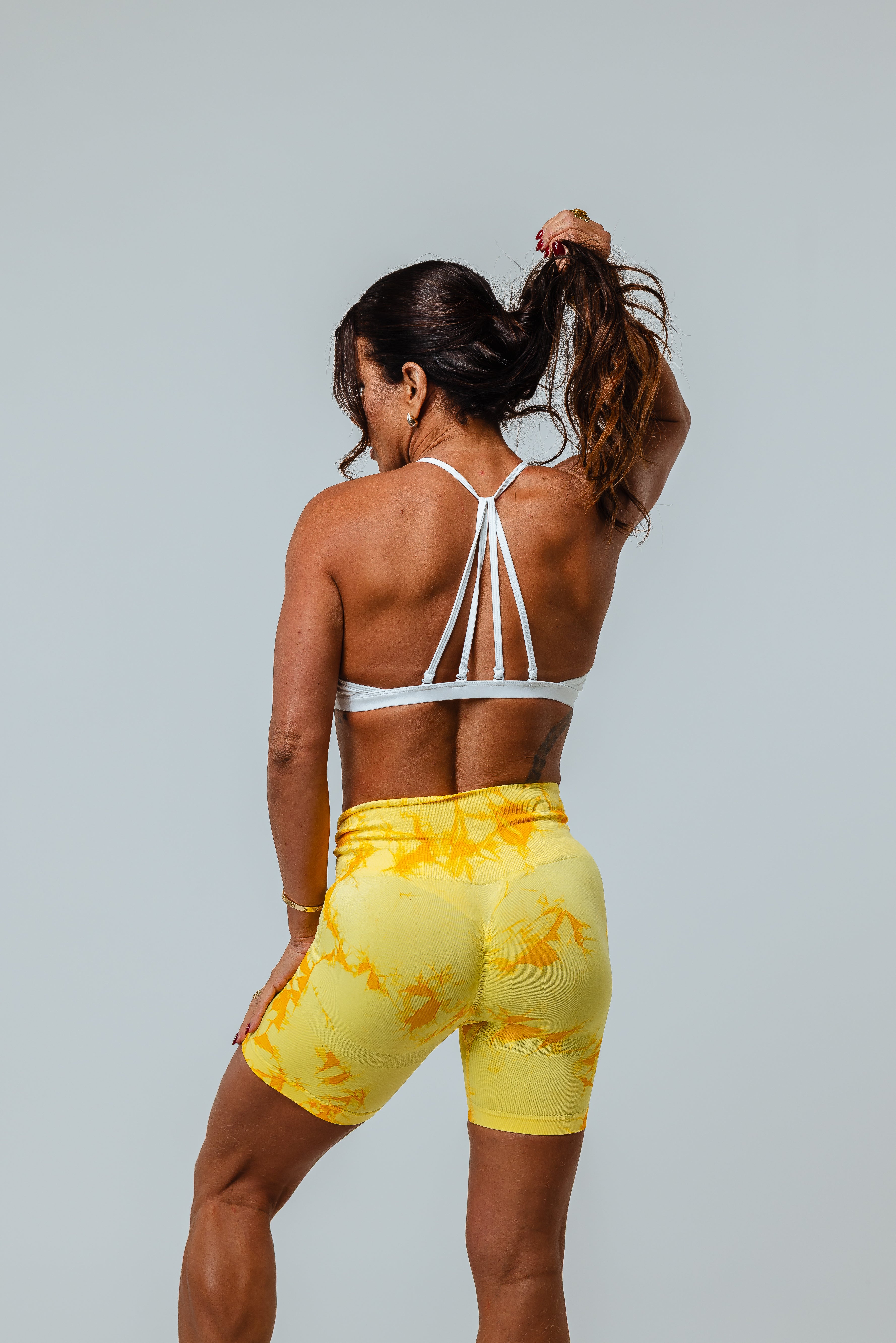 Women’s Yellow Tie-Dye Gym Shorts & White Strappy Sports Bra Set