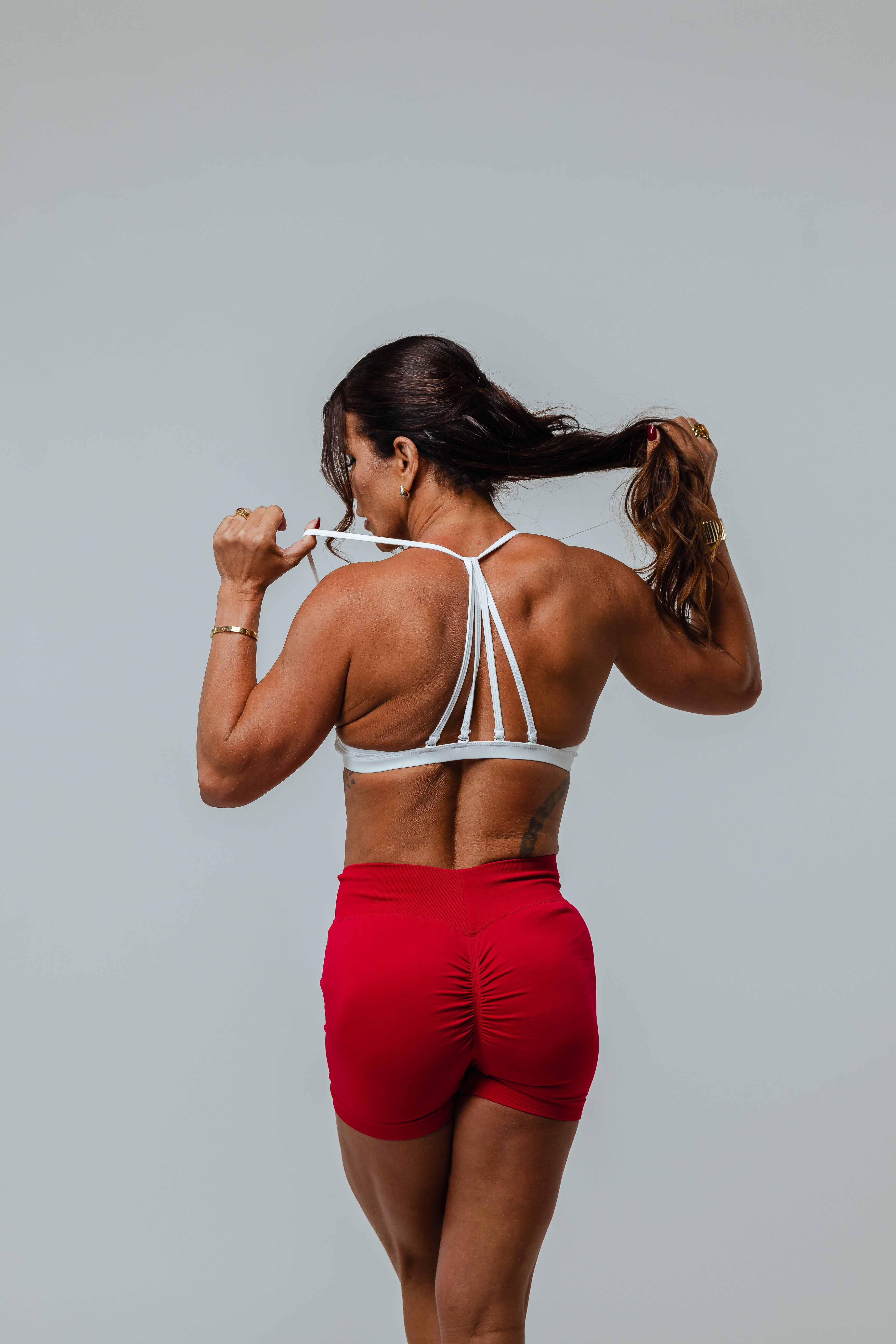 Women’s Red High-Waist Gym Shorts & White Strappy Sports Bra Set